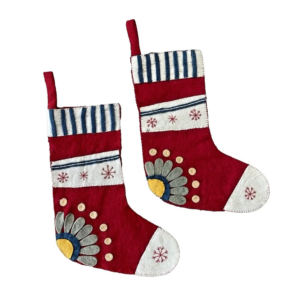 Set of 2 Creative Co-Op Felted Wool Appliqued Christmas Stockings